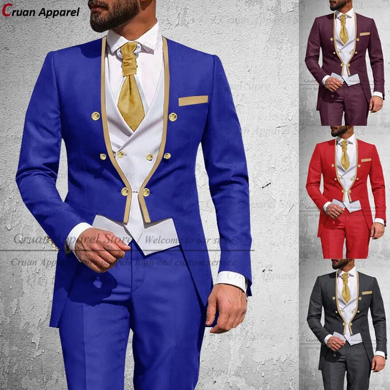 Royal Blue 3 Piece Suit Men Slim Fit Wedding Tuxedo Double Breasted Jacket Vest Pants Set
