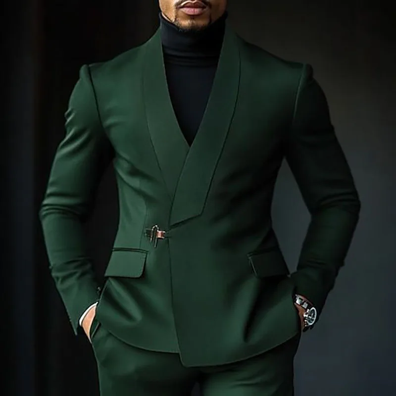 Men's Green Slim Fit 2 Piece Wedding Suit Set Shawl Lapel Jacket Pants Formal Tuxedo