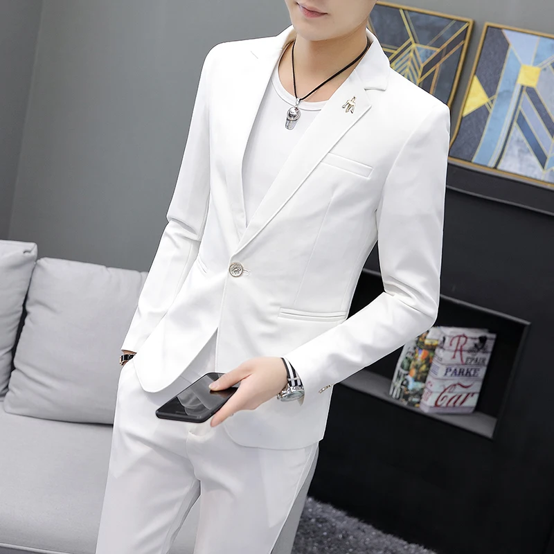 Men's Slim Fit Two Piece Suit Set - Casual Solid Color Jacket & Trousers Fashion Outfit