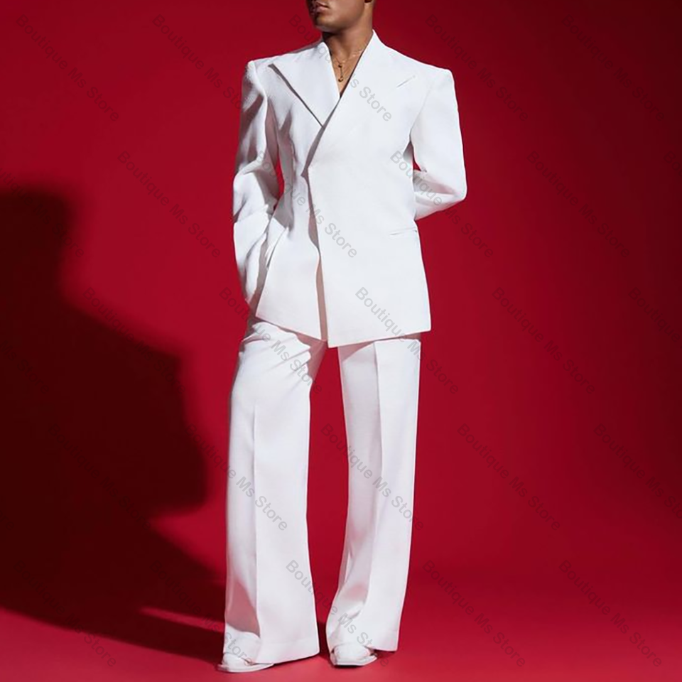 Men's White Two Piece Suit Set Jacket Pants Single Button Wedding Party Formal Wear
