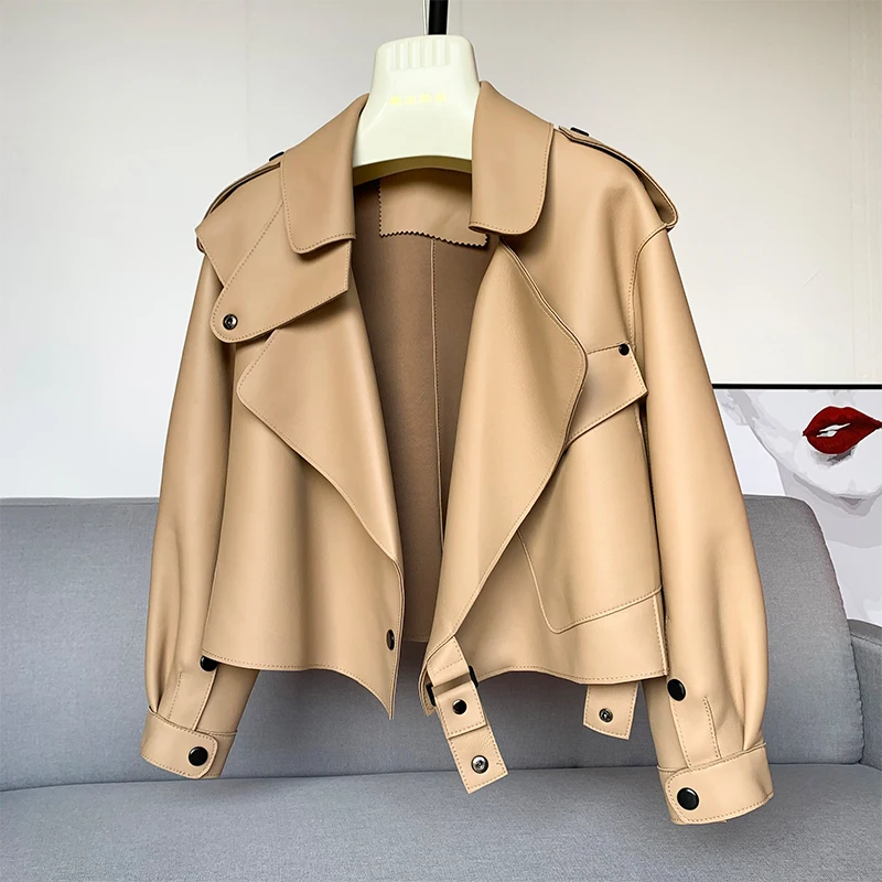 Dámský kožený kabát z ovčí kůže černý teplý elegantní motorkářský styl M-2XL